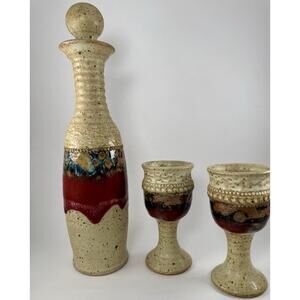 Leon Kula Studio Art Pottery Stoneware Decanter 2 Wine Goblets Signed Vintage